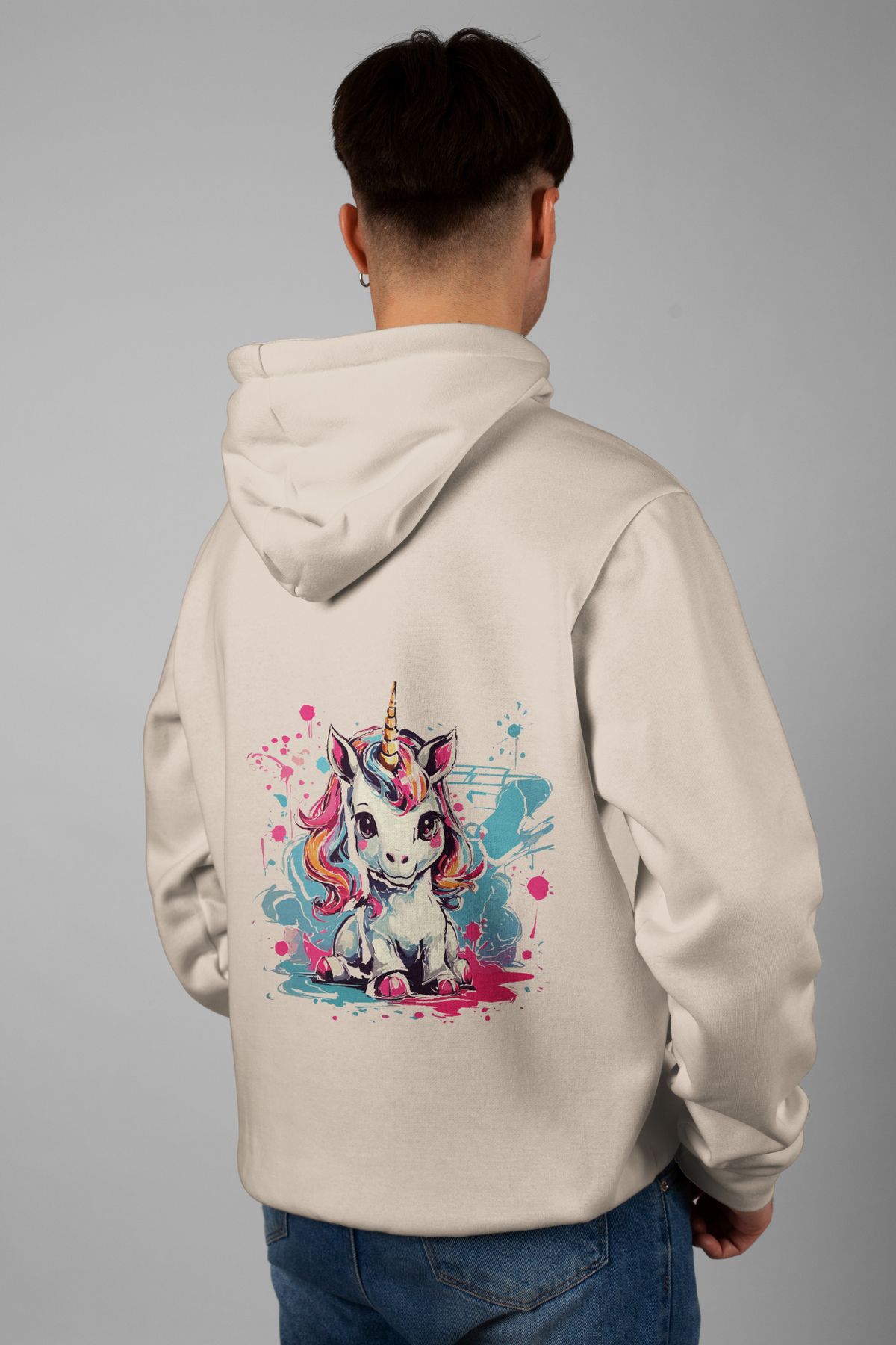 Zestia Unisex Hoodie, Unicorn Sırt Baskılı, Regular,%100 Pamuk, Krem Renk Kapşonlu No: 0012