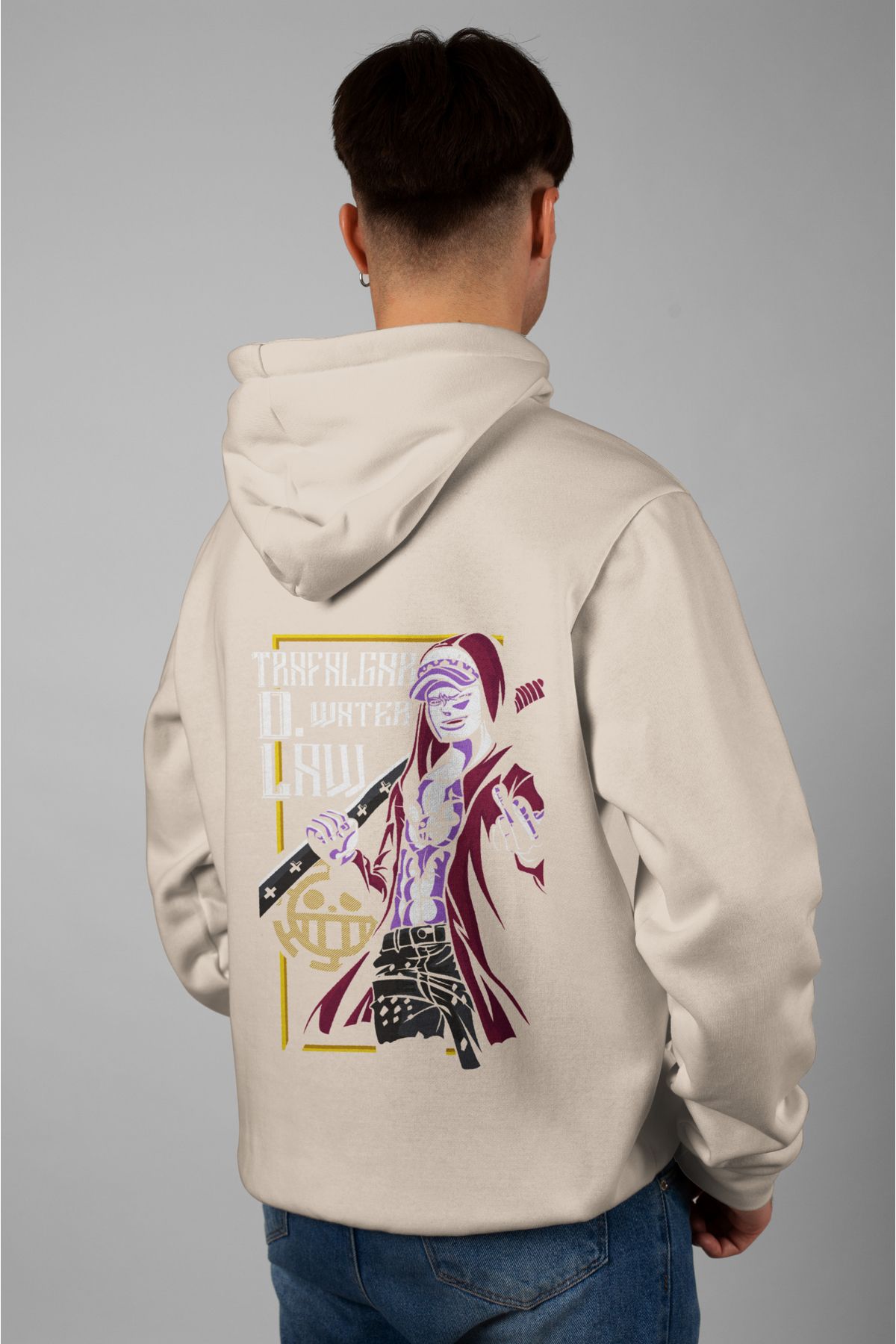 Zestia Unisex Hoodie, Trafalgar D. Water Sırt Baskılı, Regular,%100 Pamuk, Krem Renk Kapşonlu No: 0205