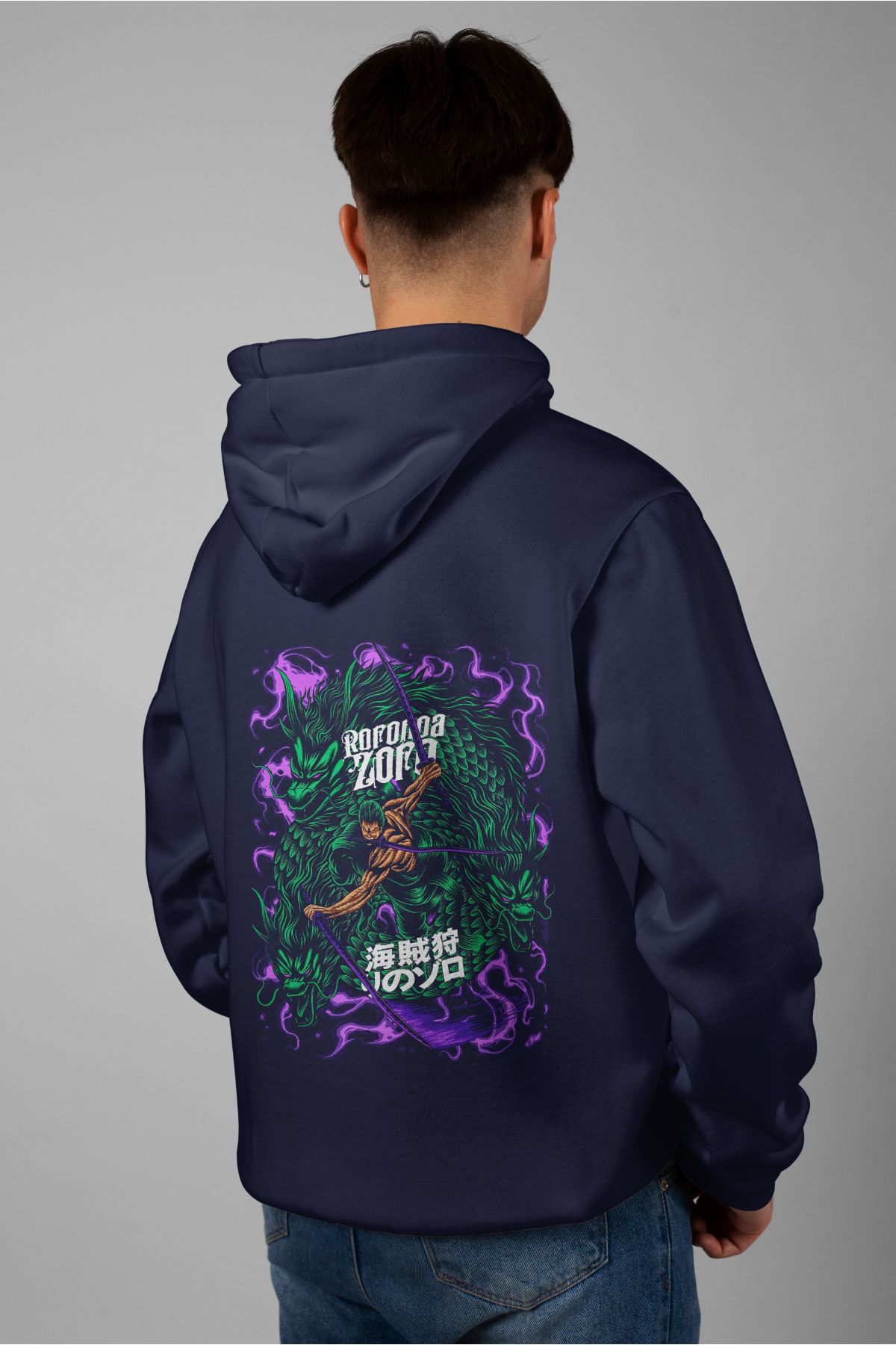 Zestia Unisex Hoodie, Roronoa Zoro Sırt Baskılı, Regular,%100 Pamuk, Lacivert Renk Kapşonlu No: 0145