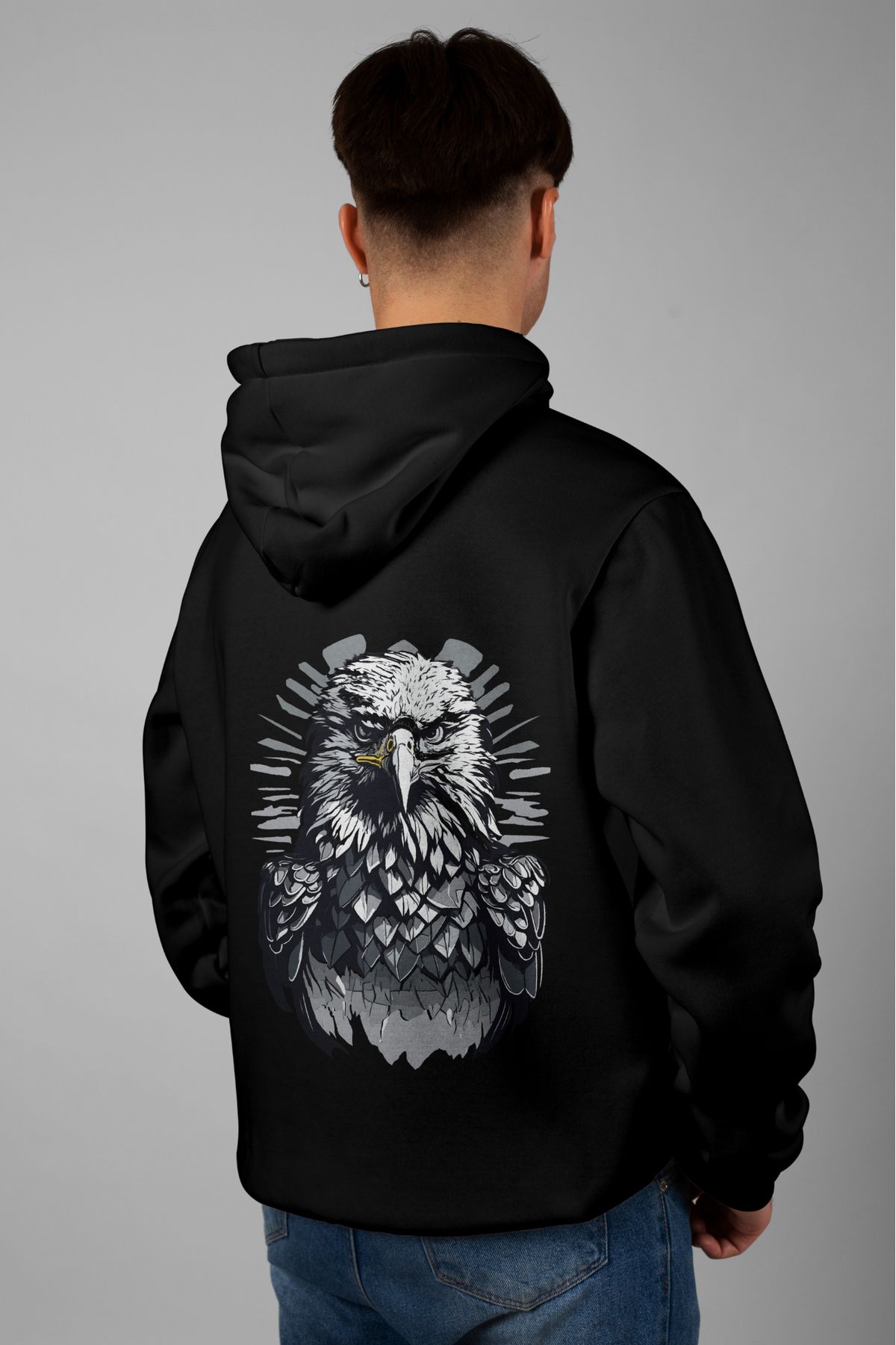 Zestia Unisex Hoodie, Kartal Sırt Baskılı, Regular,%100 Pamuk, Siyah Renk Kapşonlu No: 0084