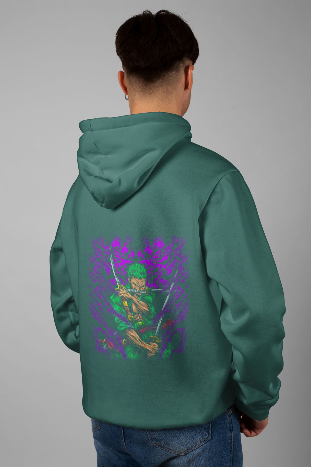 Zestia Unisex Hoodie, Pirate Hunter Zoro Sırt Baskılı, Regular,%100 Pamuk, Yeşil Renk Kapşonlu No: 0204