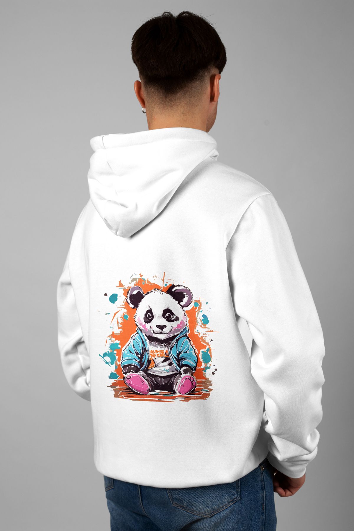 Zestia Unisex Hoodie, Panda Sırt Baskılı, Regular,%100 Pamuk, Beyaz Renk Kapşonlu No: 0010