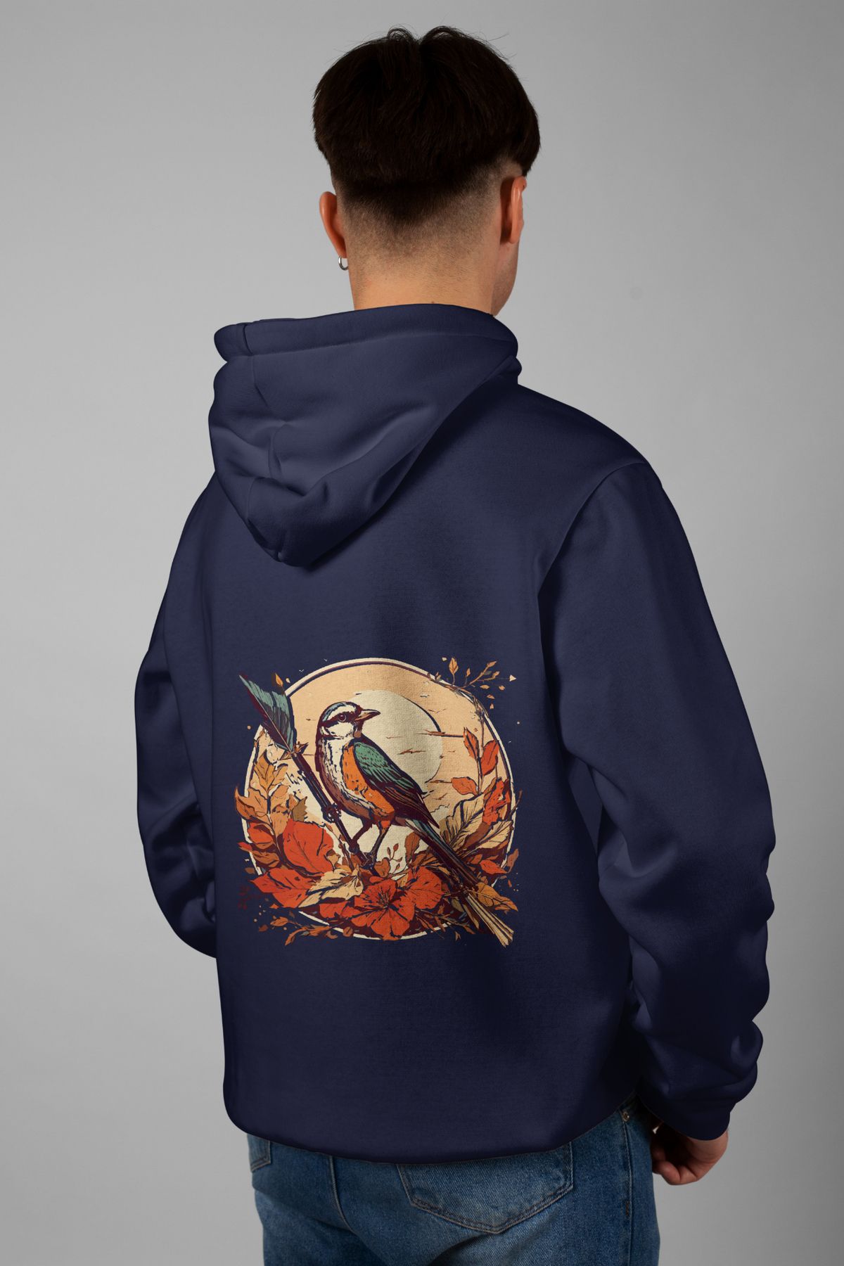 Zestia Unisex Hoodie, Serçe Sırt Baskılı, Regular,%100 Pamuk, Lacivert Renk Kapşonlu No: 0032