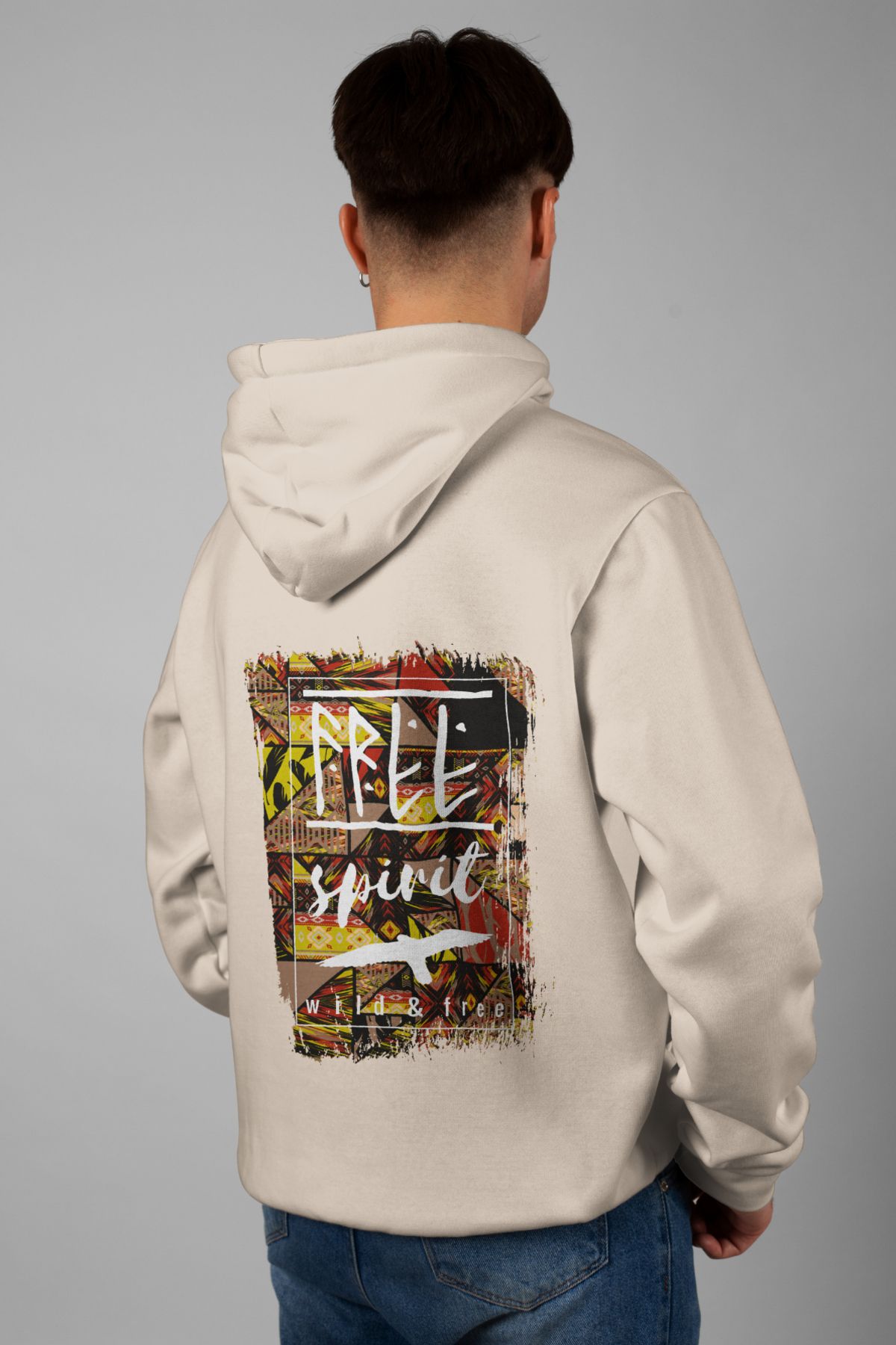 Zestia Unisex Hoodie, Free Spirit Sırt Baskılı, Regular,%100 Pamuk, Krem Renk Kapşonlu No: 0264