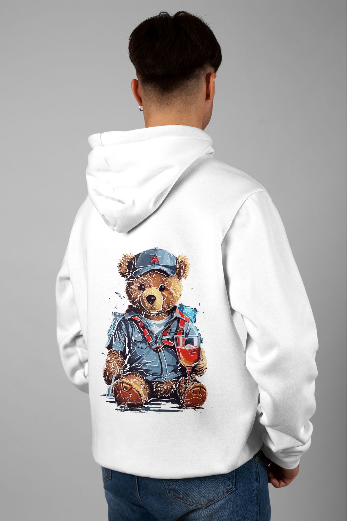 Zestia Unisex Hoodie, Ayı Teddy Sırt Baskılı, Regular,%100 Pamuk, Beyaz Renk Kapşonlu No: 0063