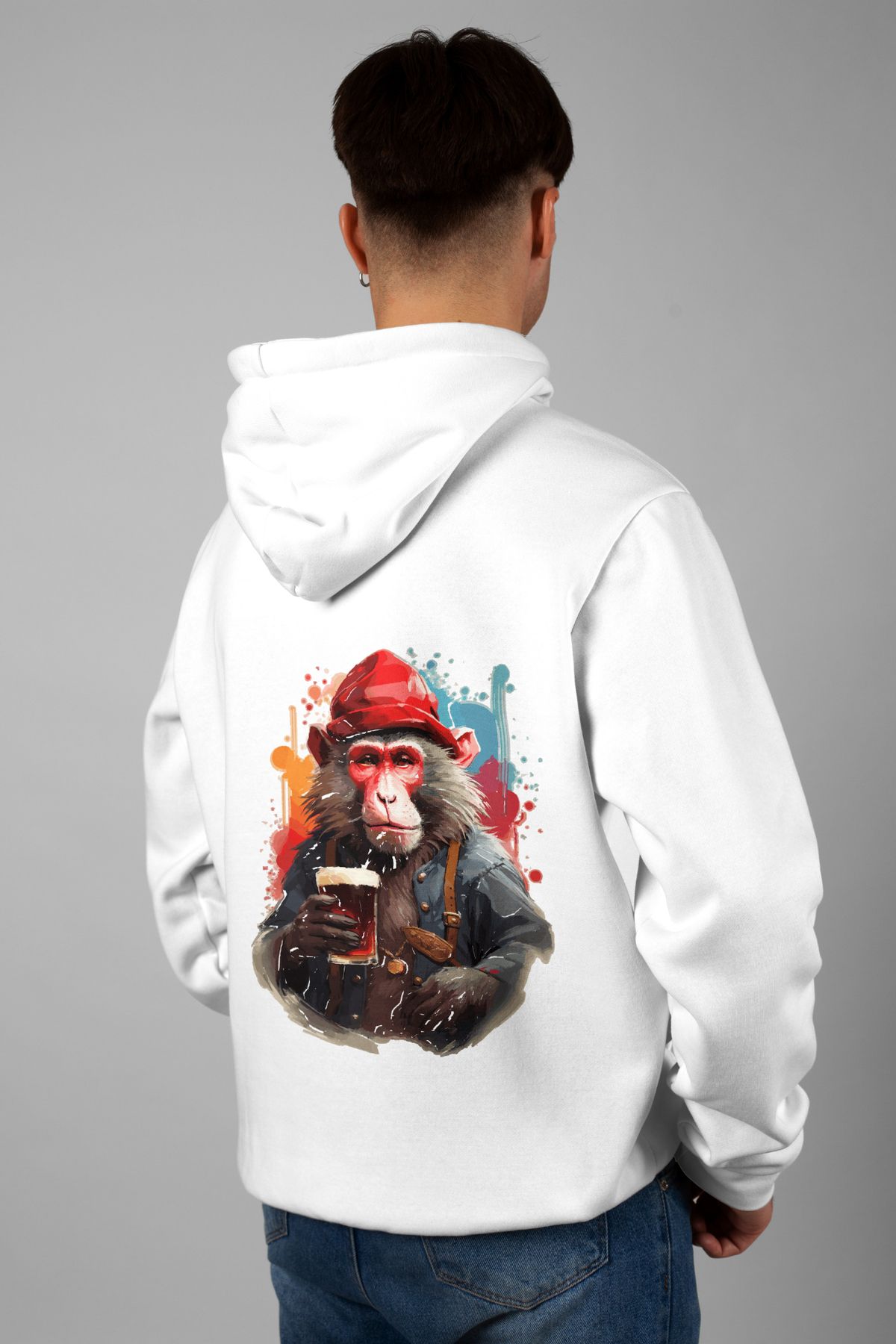 Zestia Unisex Hoodie, Şempanze Sırt Baskılı, Regular,%100 Pamuk, Beyaz Renk Kapşonlu No: 0059