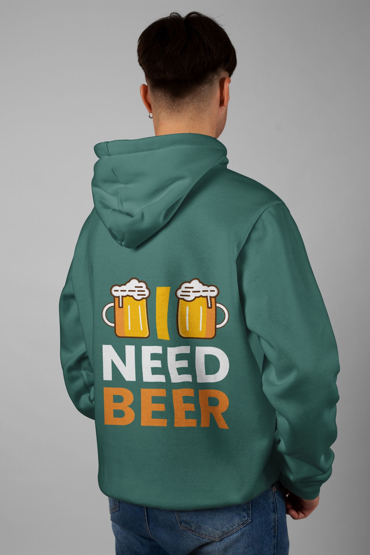 Zestia Unisex Hoodie, I Need Beer Sırt Baskılı, Regular,%100 Pamuk, Yeşil Renk Kapşonlu No: 0223