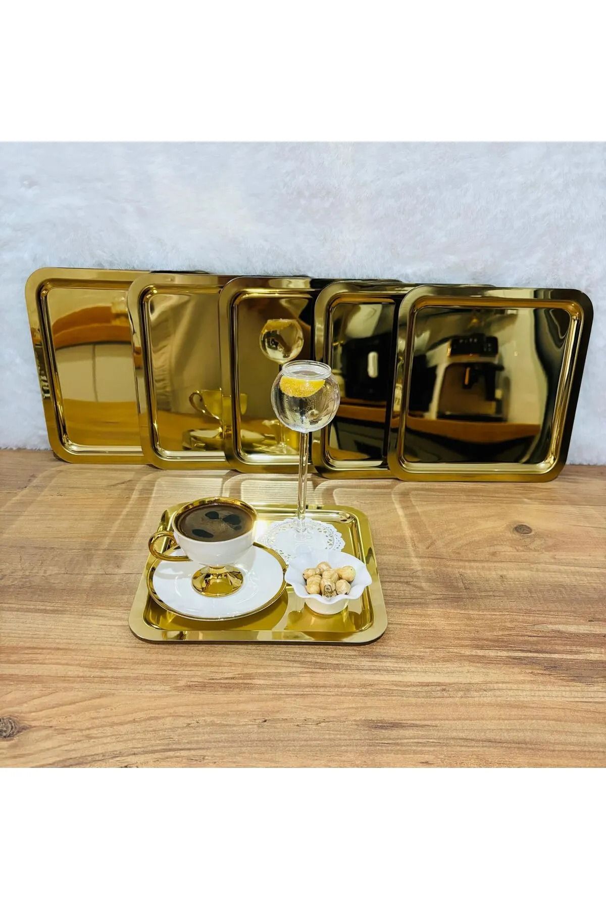 LOVENT HOME 6'lı GOLD Paslanmaz Çelik 21x21cm Kare Çay, Kahve, Pasta Servis Tepsisi Dekoratif Sunum Tepsisi