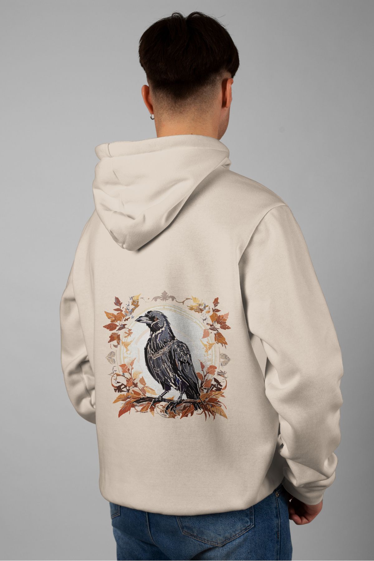 Zestia Unisex Hoodie, Karga Sırt Baskılı, Regular,%100 Pamuk, Krem Renk Kapşonlu No: 0014