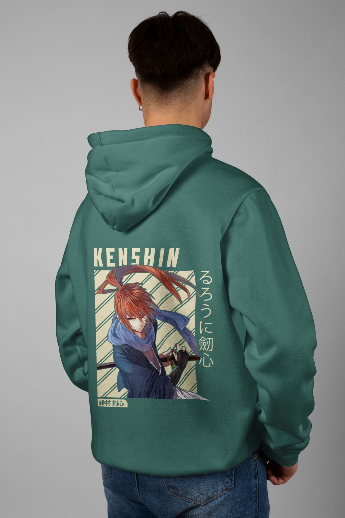 Zestia Unisex Hoodie, Kenshin Himura Sırt Baskılı, Regular,%100 Pamuk, Yeşil Renk Kapşonlu No: 0141