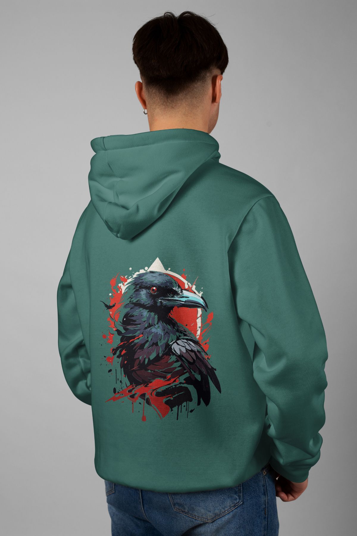 Zestia Unisex Hoodie, Karga Sırt Baskılı, Regular,%100 Pamuk, Yeşil Renk Kapşonlu No: 0033