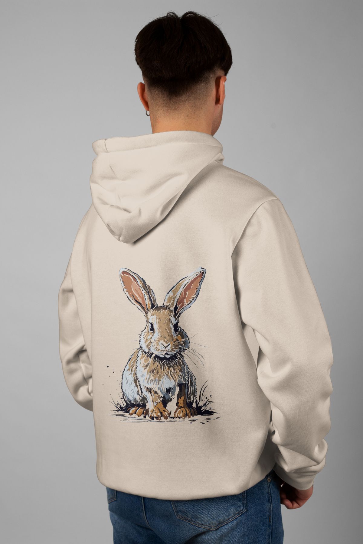 Zestia Unisex Hoodie, Sevimli Tavşan Sırt Baskılı, Regular,%100 Pamuk, Krem Renk Kapşonlu No: 0093