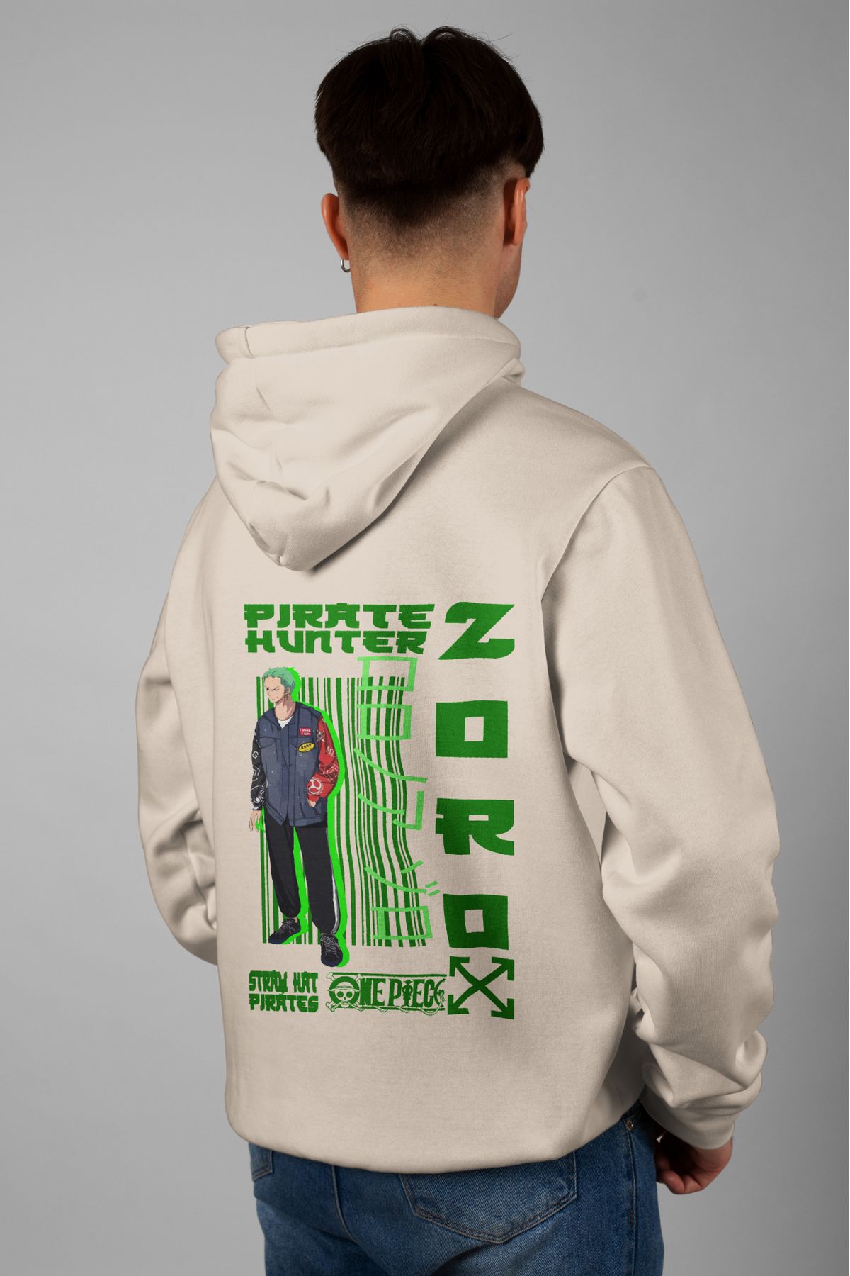 Zestia Unisex Hoodie, Pirate Hunter Zoro Sırt Baskılı, Regular,%100 Pamuk, Krem Renk Kapşonlu No: 0200