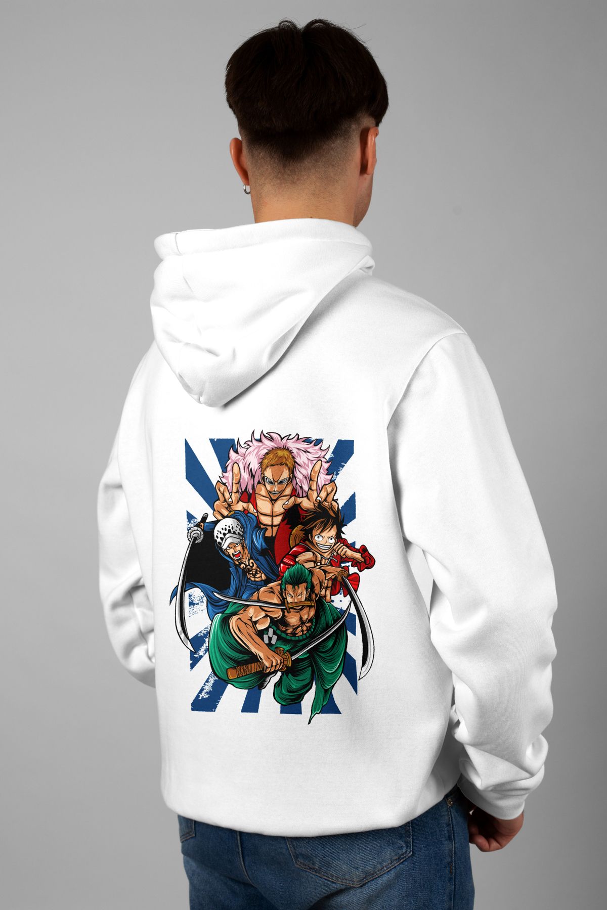 Zestia Unisex Hoodie, One Piece Sırt Baskılı, Regular,%100 Pamuk, Beyaz Renk Kapşonlu No: 0193