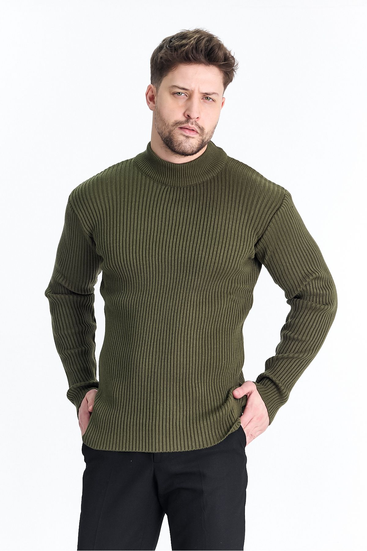 THE RULE-Men's Khaki Half Turtleneck Ribbed Patterned Non-Pilling Regular Fit Knitwear Sweater 4