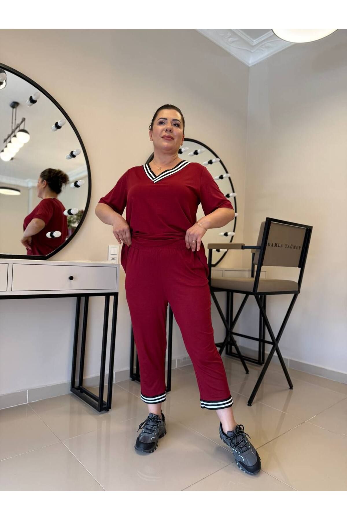 garajmood-Burgundy Stripe Detailed Large Size Bottom-Top Set with Pockets 5