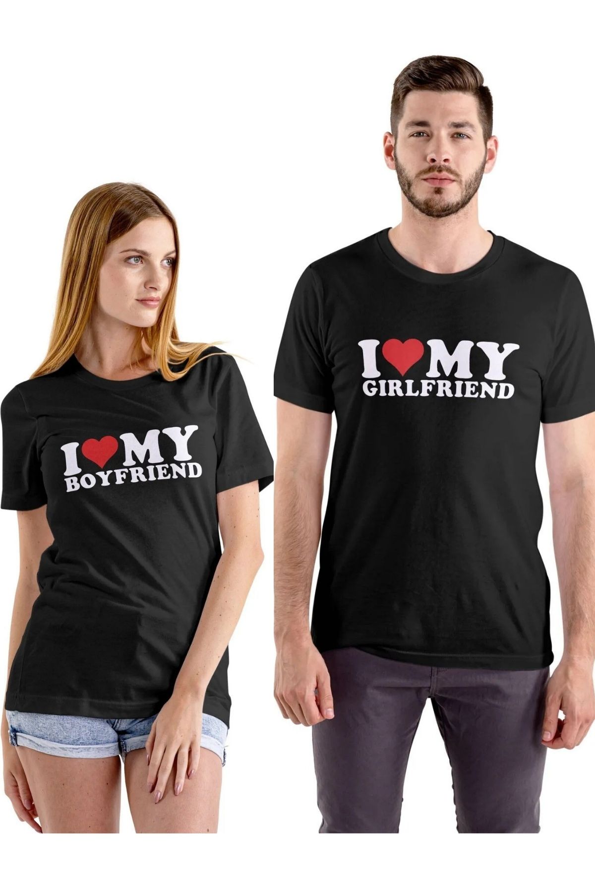 Texclusive I Love Boyfriend Girlfriend Sevgililer Günü Tshirt Özel Çift Kombin Tişört Siyah 2'Lİ PAKET