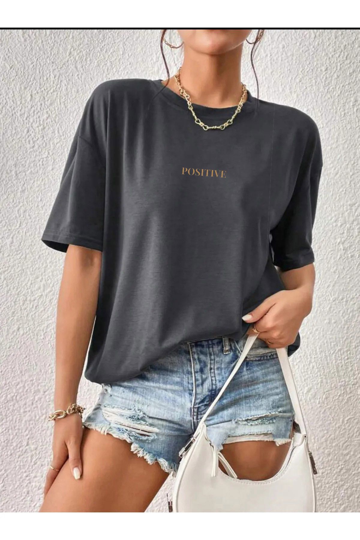 SUPER POZE Kadın posıtıve Baskılı Yazlık Pamuklu Kumaş Oversize Kalıp Tshirt