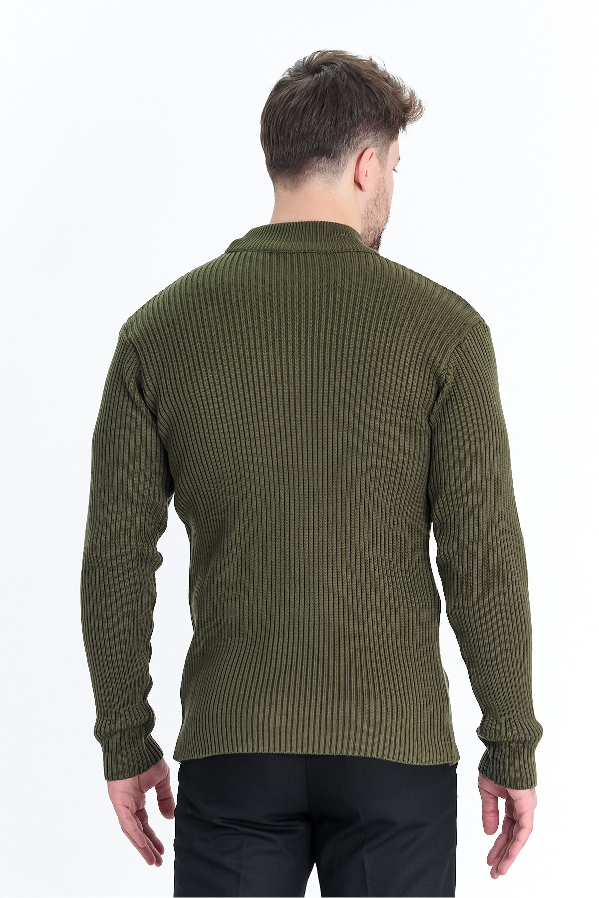 THE RULE-Men's Khaki Half Turtleneck Ribbed Patterned Non-Pilling Regular Fit Knitwear Sweater 6