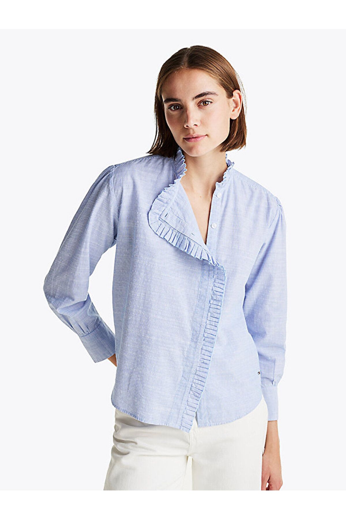 Tommy Hilfiger Ruffle Neck Stripe Relaxed Shirt