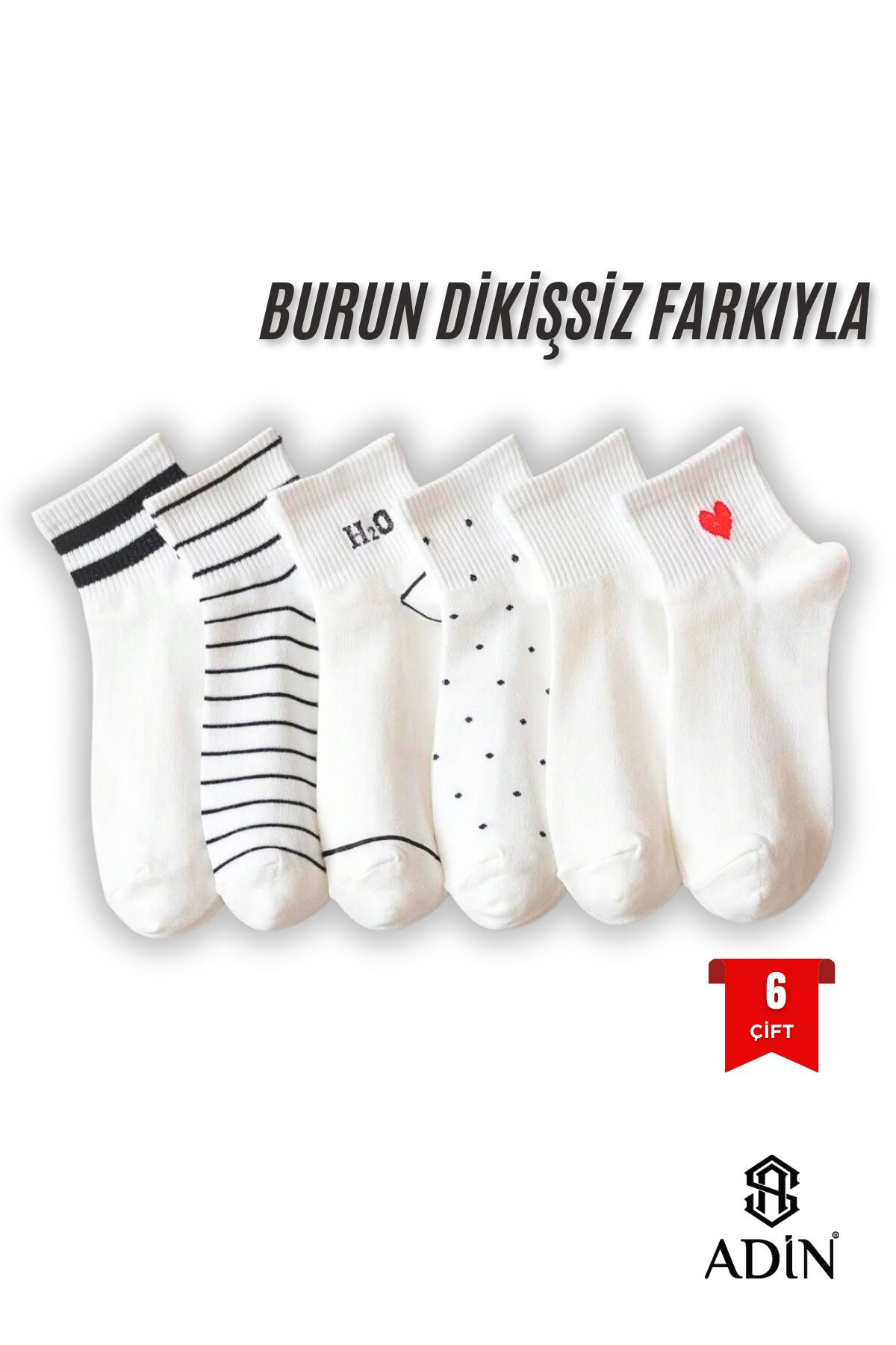 Adin 6 Çift DİKİŞSİZ Yarım Konç Kalp Çemberli Desenli Beyaz Unisex Kolej Tenis Çorap