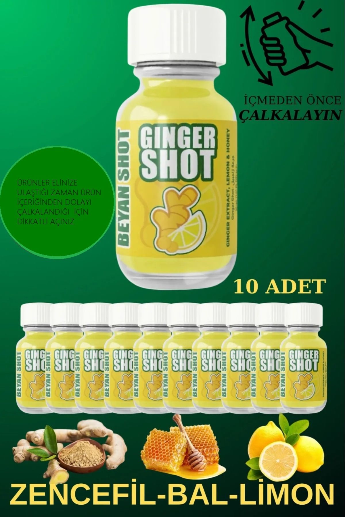 beyan herbs Zencefil Ginger Shot Şot Doğal Bitkisel 10 Adet (CAM ŞİŞELİ) Zencefil Suyu Limon Bal