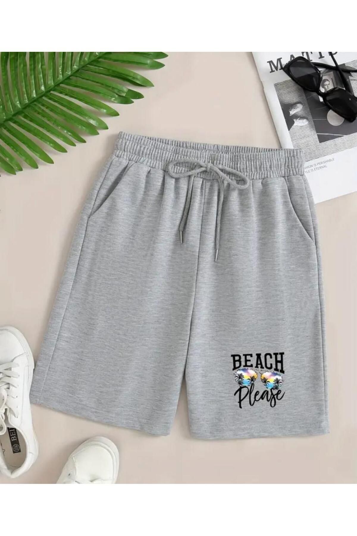 caddekombin Unisex Beach Please Baskılı Bermuda Cepli Kordonlu Slim Fit Kalıp Gri Şort