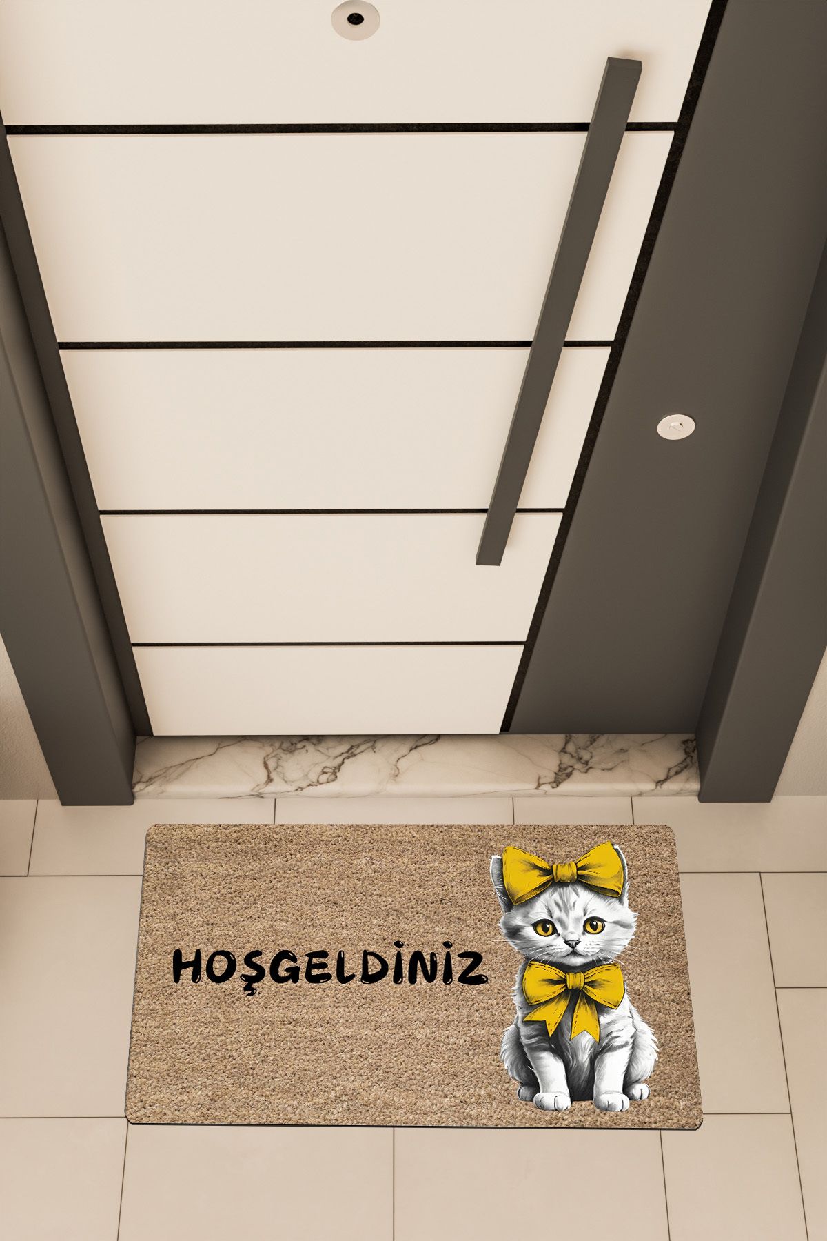 Dormot Home Yüksek Kaliteli Dijital Baskı Kahverengi, Sarı Fiyonklu Kedi temalı Kapı Önü Paspası