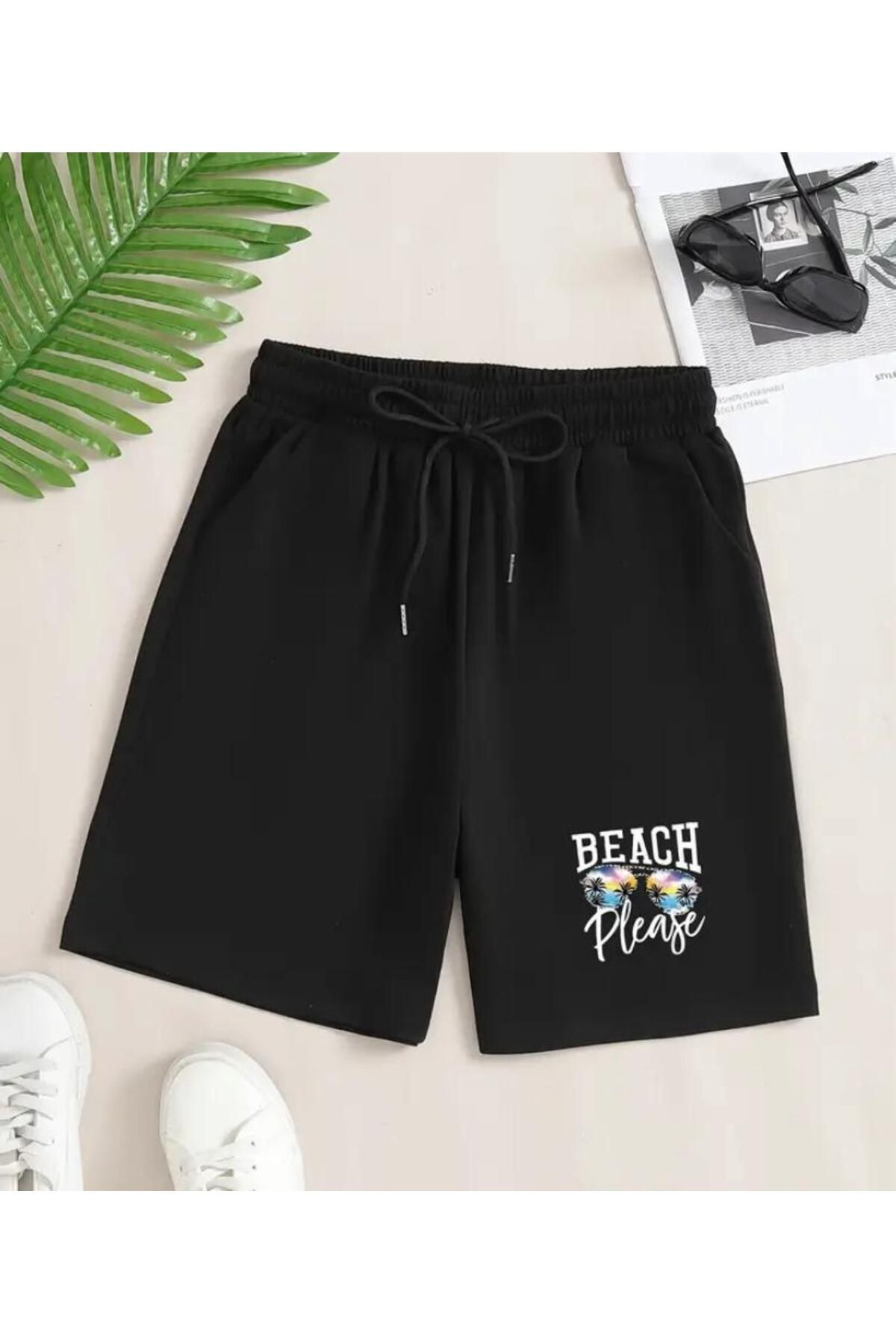 caddekombin Unisex Beach Please Baskılı Bermuda Cepli Kordonlu Slim Fit Kalıp Siyah Şort