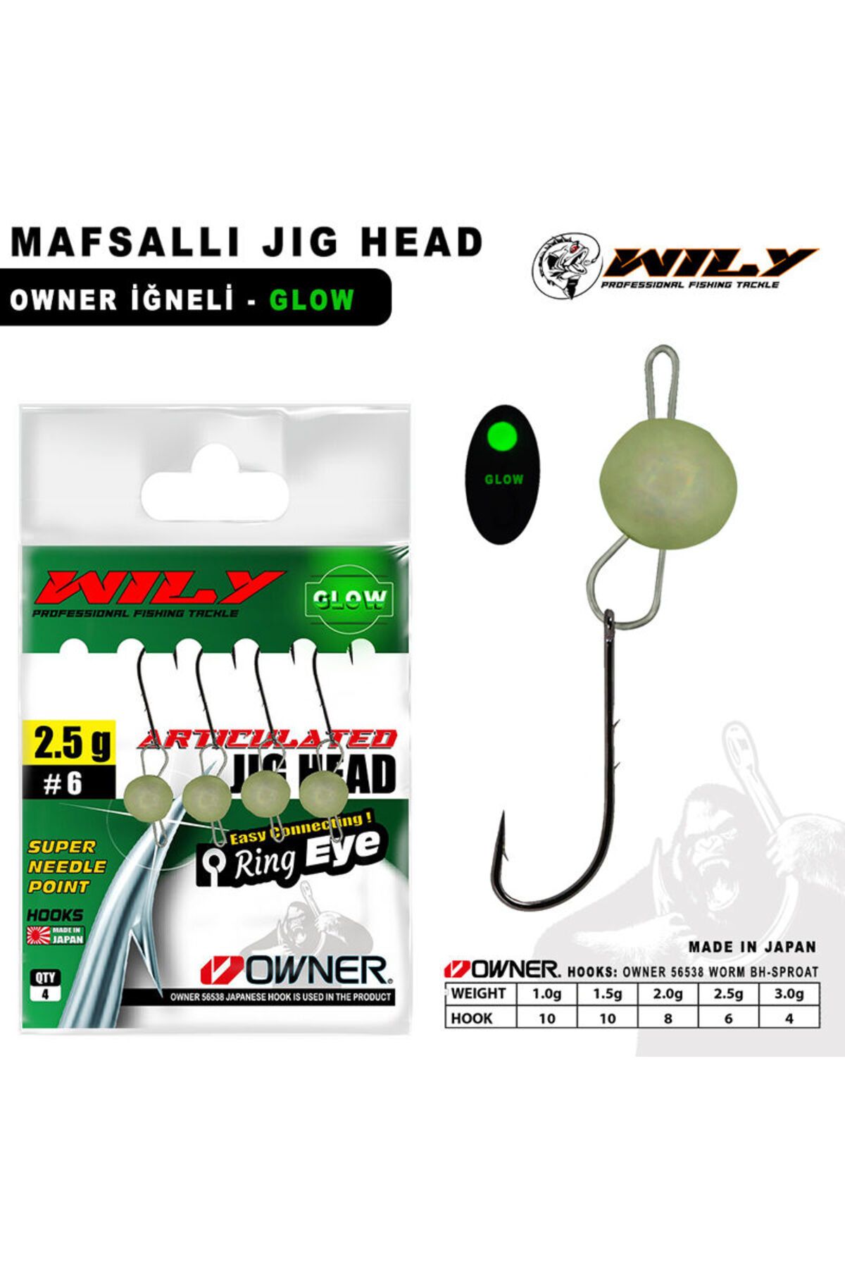 Wily Jig Head Mafsallı Owner İğneli - Glow