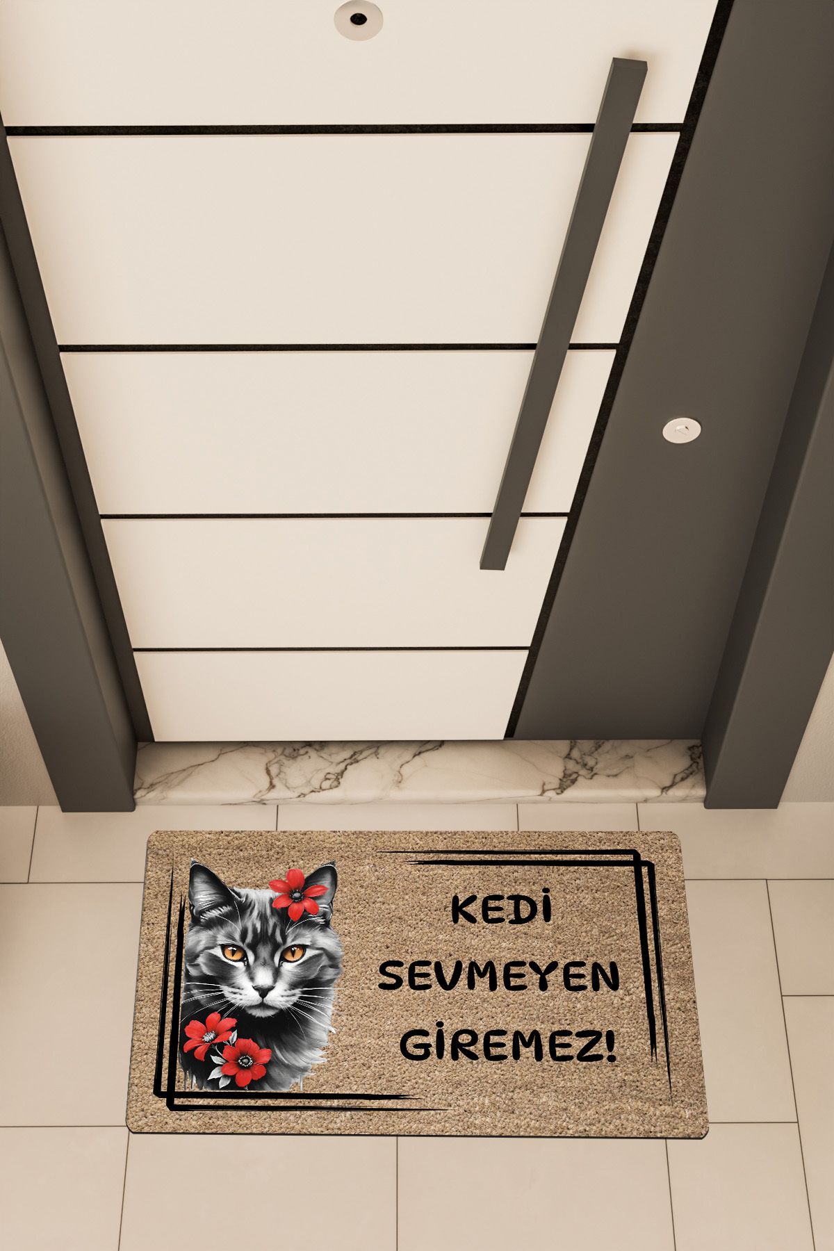 Dormot Home Yüksek Kaliteli Dijital Baskı Kahverengi, Süslü, Kedi Sevmeyen Giremez temalı Kapı Önü Paspası