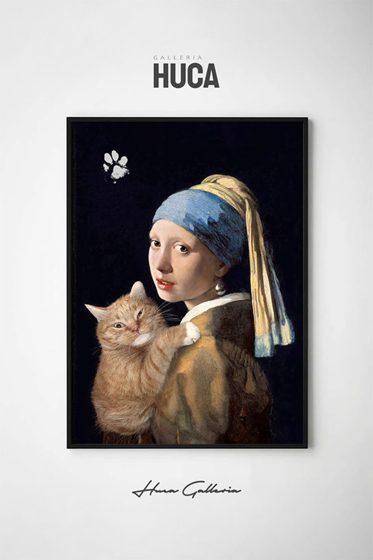 Huca İnci Küpeli Kız  ve Kedisi - Girl With Pearl Earring - Poster - Çerçevesiz - Premium Art