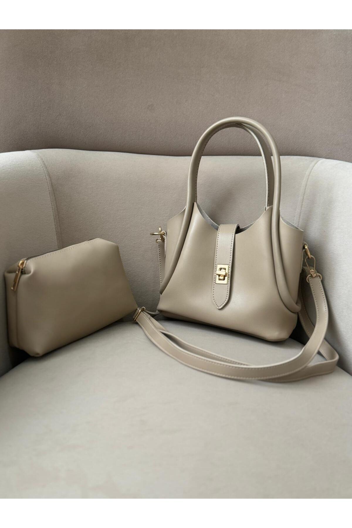 Women's Mink Baby Bag Lock Closure Detailed Crossbody Shoulder Strap Sleeve and Shoulder Bag