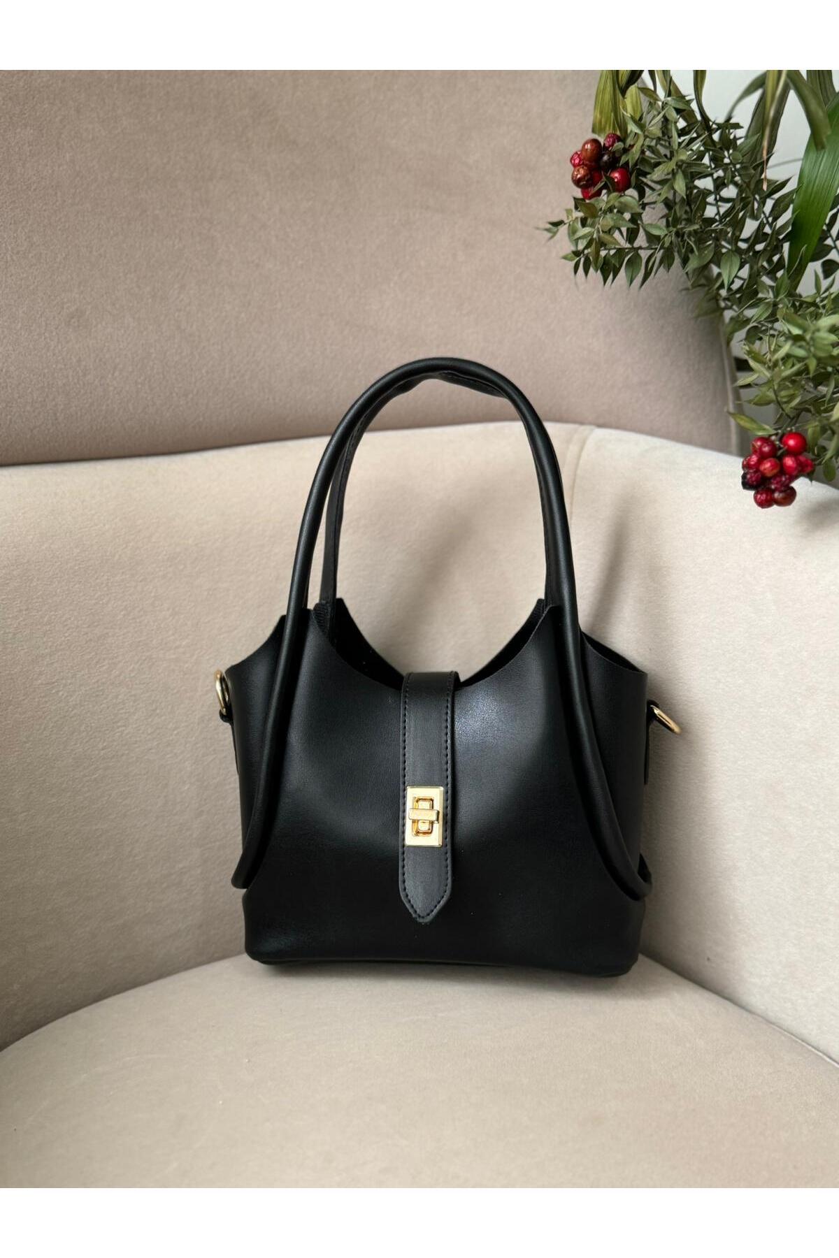 Women's Black Puppy Bag Lock Closure Detailed Crossbody Shoulder Strap Sleeve and Shoulder Bag
