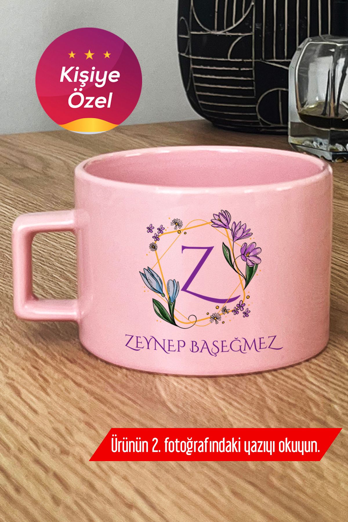 Hedizu Kişiye Özel Çiçekli Z Harfli Pastel Fincan Pembe İsim Soyisim Yazılı P2K A4R