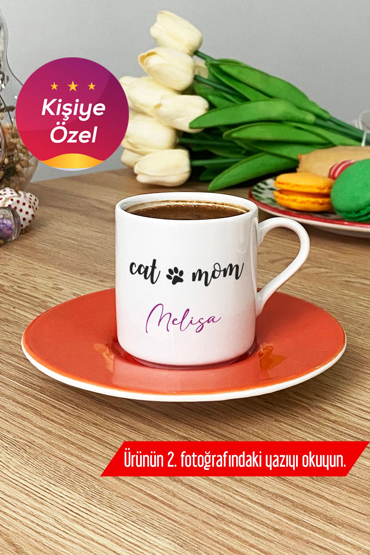 Hedizu Kişiye Özel Cat Mom Türk Kahvesi Fincanı Turuncu Kedi Annesi -2- D5P U7Q