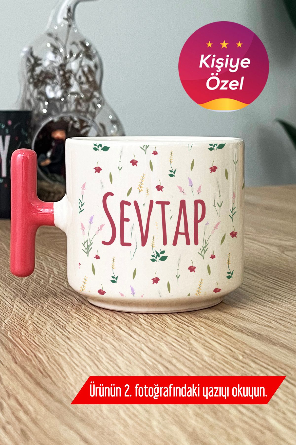 Hedizu Kişiye Özel İsim Yazılı Kupa Bardak T Kulplu Pembe Çiçek Desenli -6- J7D W9D