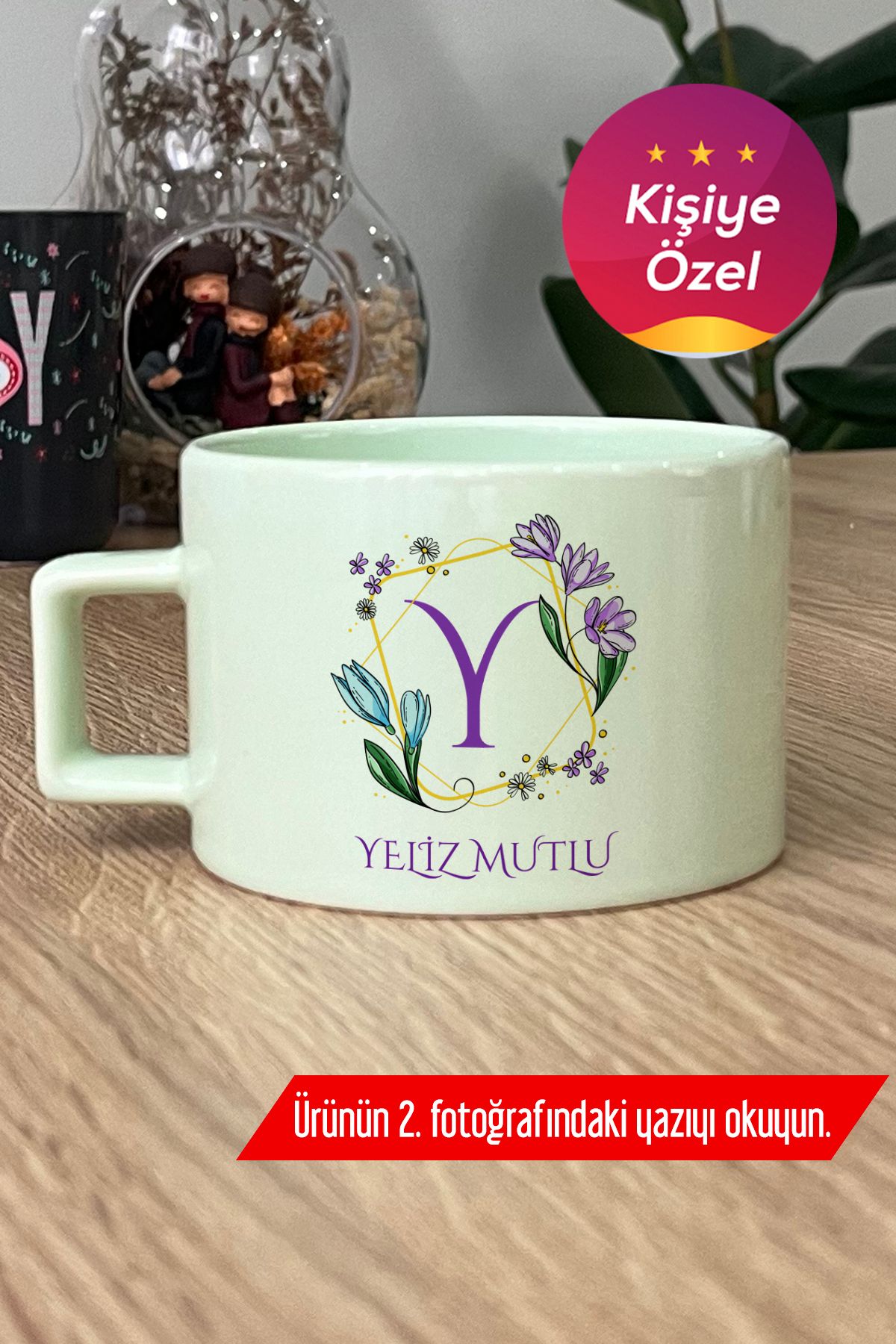 Hedizu Kişiye Özel Çiçekli Y Harfli Pastel Fincan Yeşil İsim Soyisim Yazılı J8S R3A