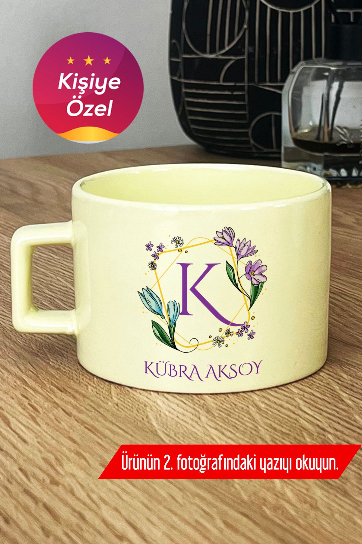 Hedizu Kişiye Özel Çiçekli K Harfli Pastel Fincan Sarı İsim Soyisim Yazılı R0R V2R