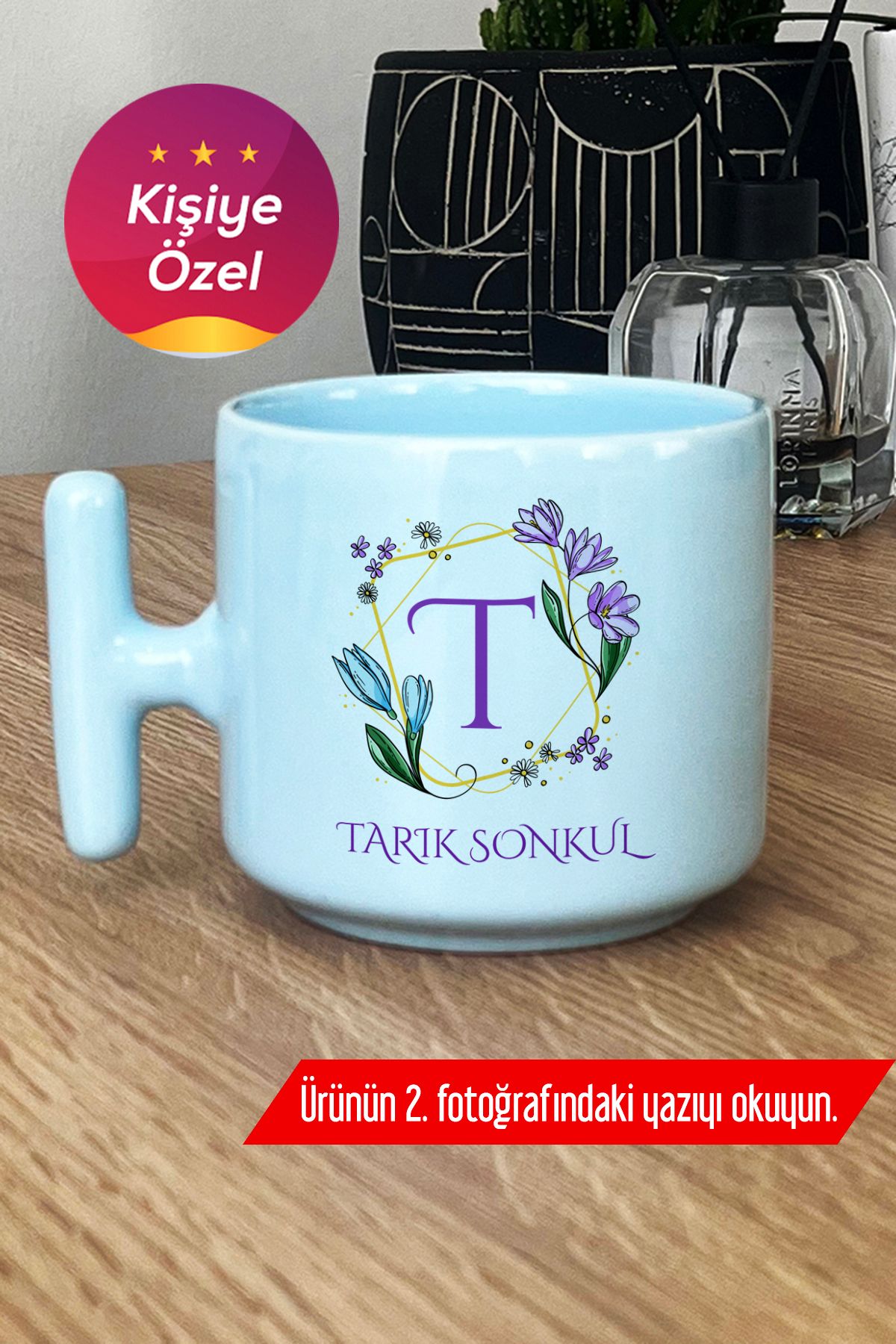 Hedizu Kişiye Özel Çiçekli T Harfli Pastel T Kulplu Kupa Bardak Mavi İsim Soyisim Yazılı G2W X4Q