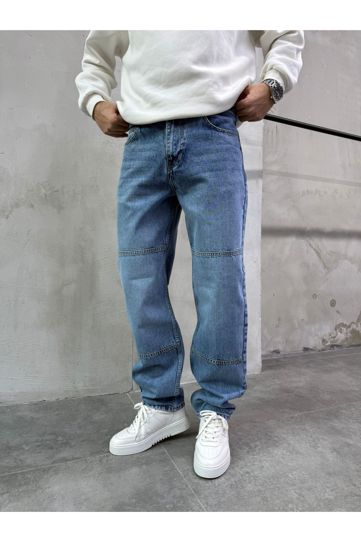 No362 Erkek Blok Dikiş Detaylı Baggy Fit Jean Pantolon Mavi