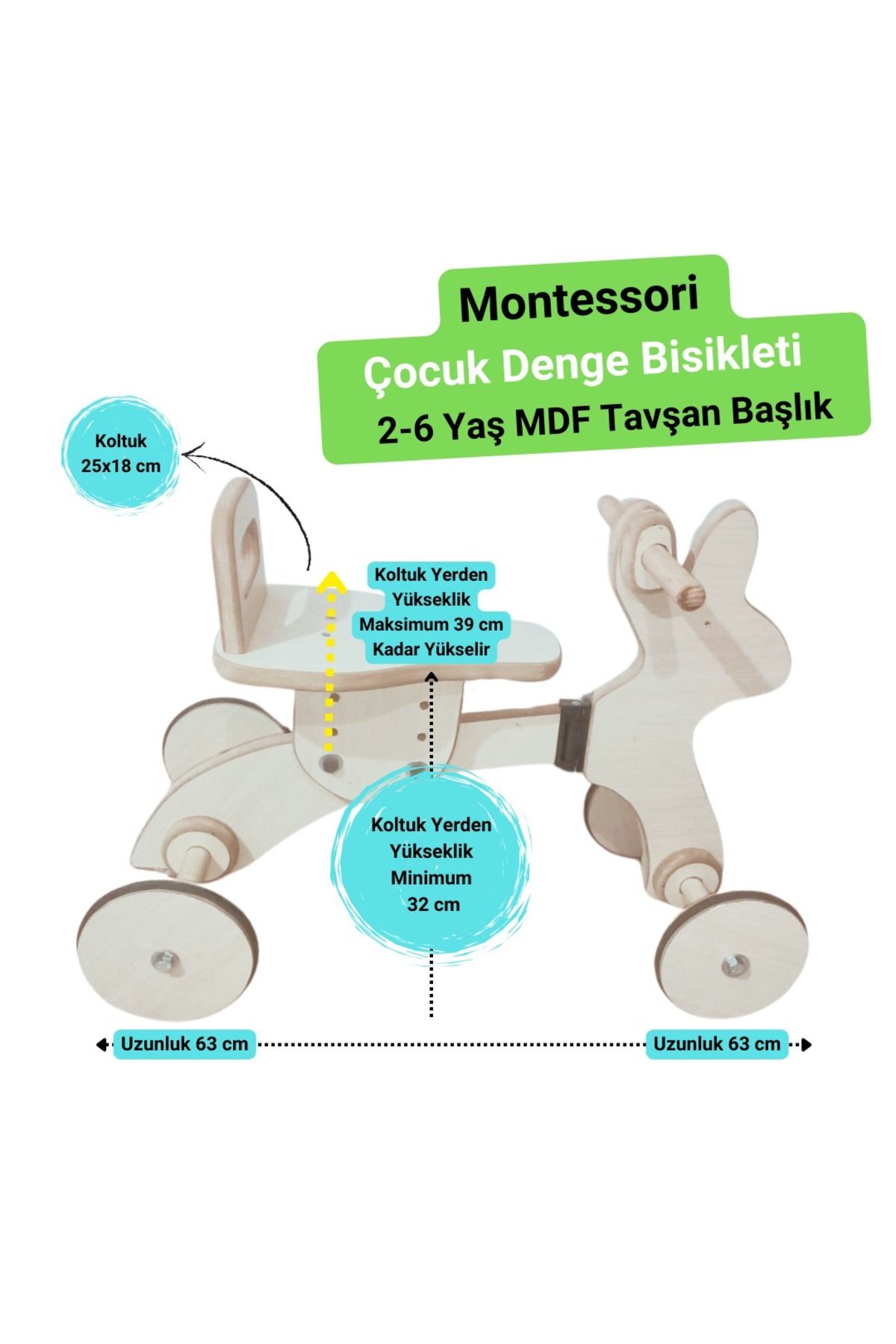 MukoToys Montessori Çocuk Denge Bisikleti 2-6 Yaş | MDF Tavşan Başlıklı Tasarım