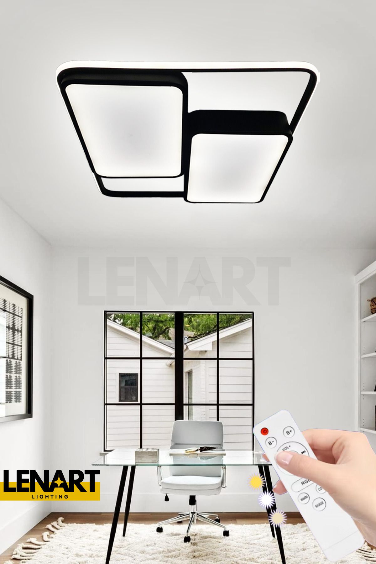 Lenart Lighting Kare Tavan Led Avize, Kumandalı Avize, 3 Renk Aydınlatmalı Avize, Tavana Sıfır Avize, Ofis Avize