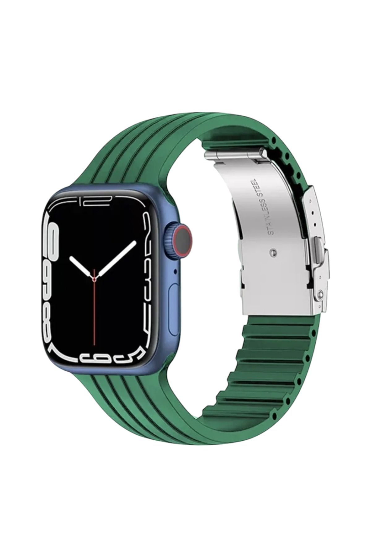 FirstModel Apple Watch (38mm / 40mm/ 41mm /SE Uyumlu) Metal Klipsli Çizgili Silikon Kordon Asker Yeşil