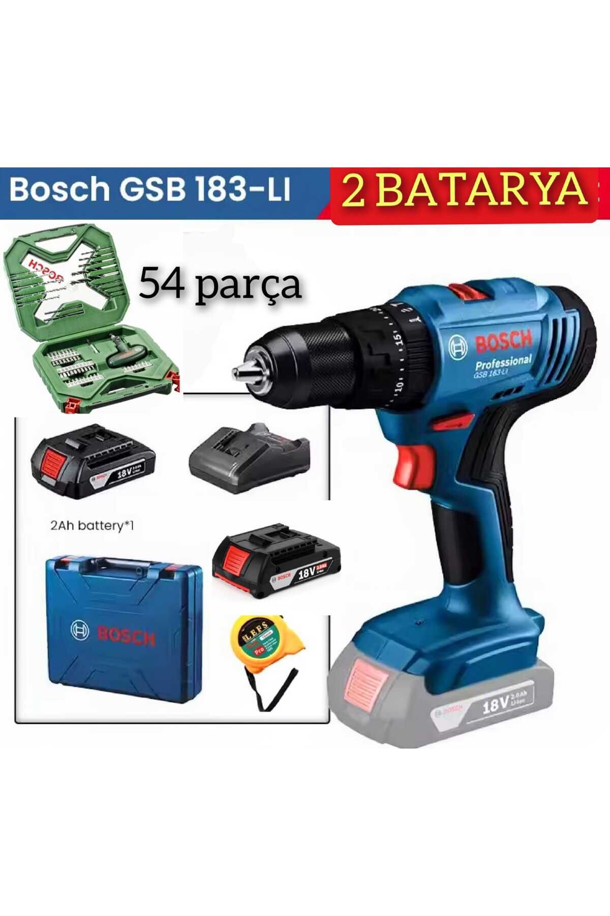 Bosch Gsb 183 Li 2 Ah Çift Bataryalı Darbeli Akülü Vidalama ve Bosch 54 Parça Aksesuar Seti