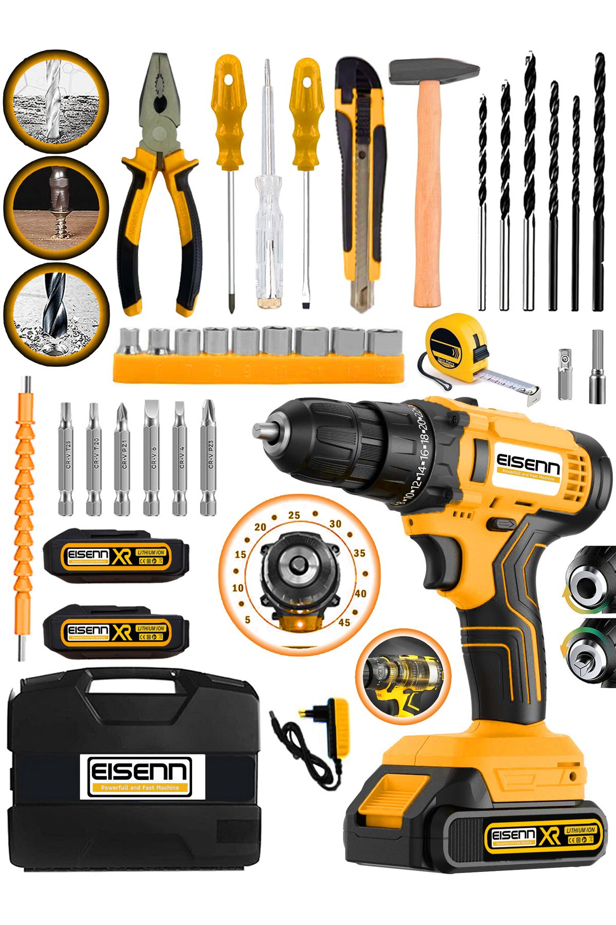 Techno Stock Yellow E-1537 Lion 2 Akülü Metal Şanzıman Turbo Şarjlı Matkap Vidalama 37 Pcs Set 45 Torq