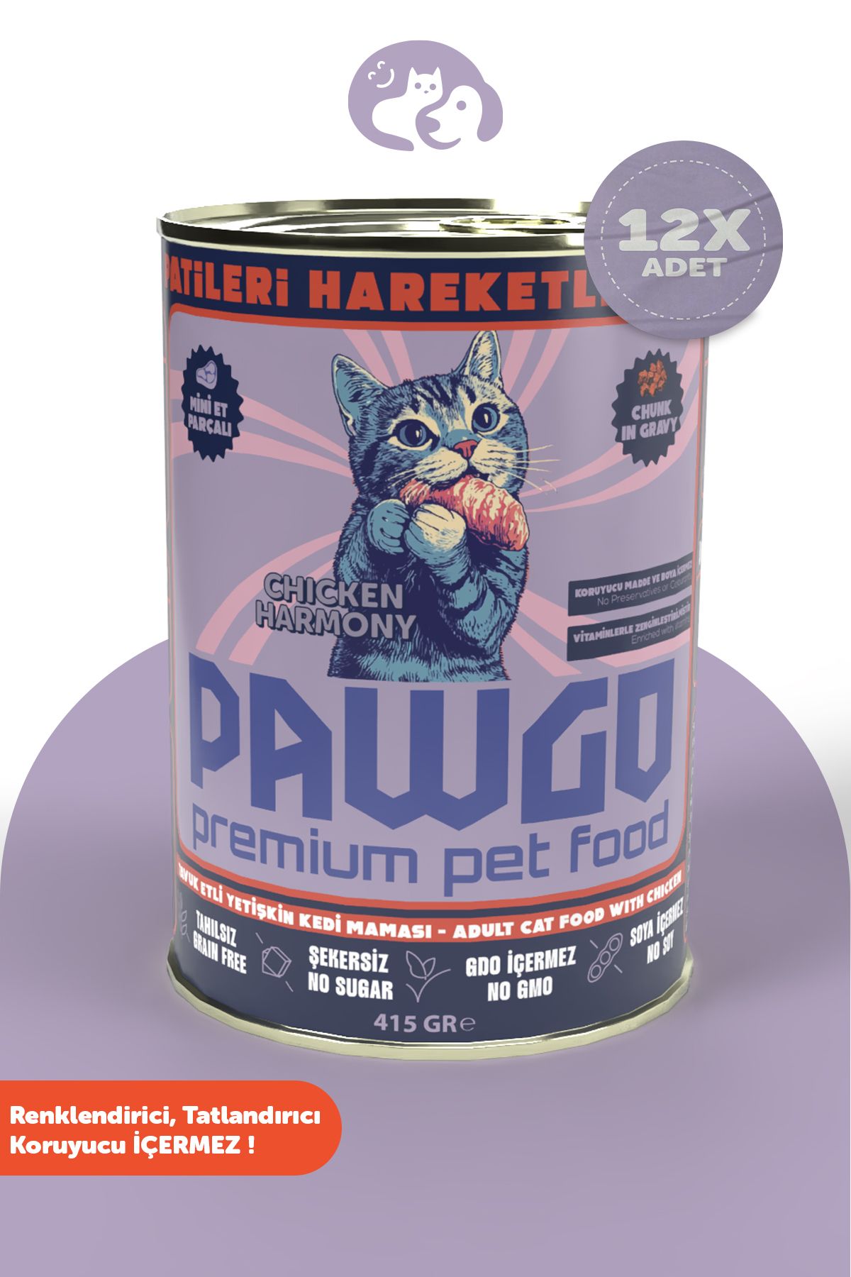 PAWGO Chicken Harmony | Tavuk Etli | Premium | Yetişkin | Mini Parça Etli | Kedi Yaş Mama | 415g x 12