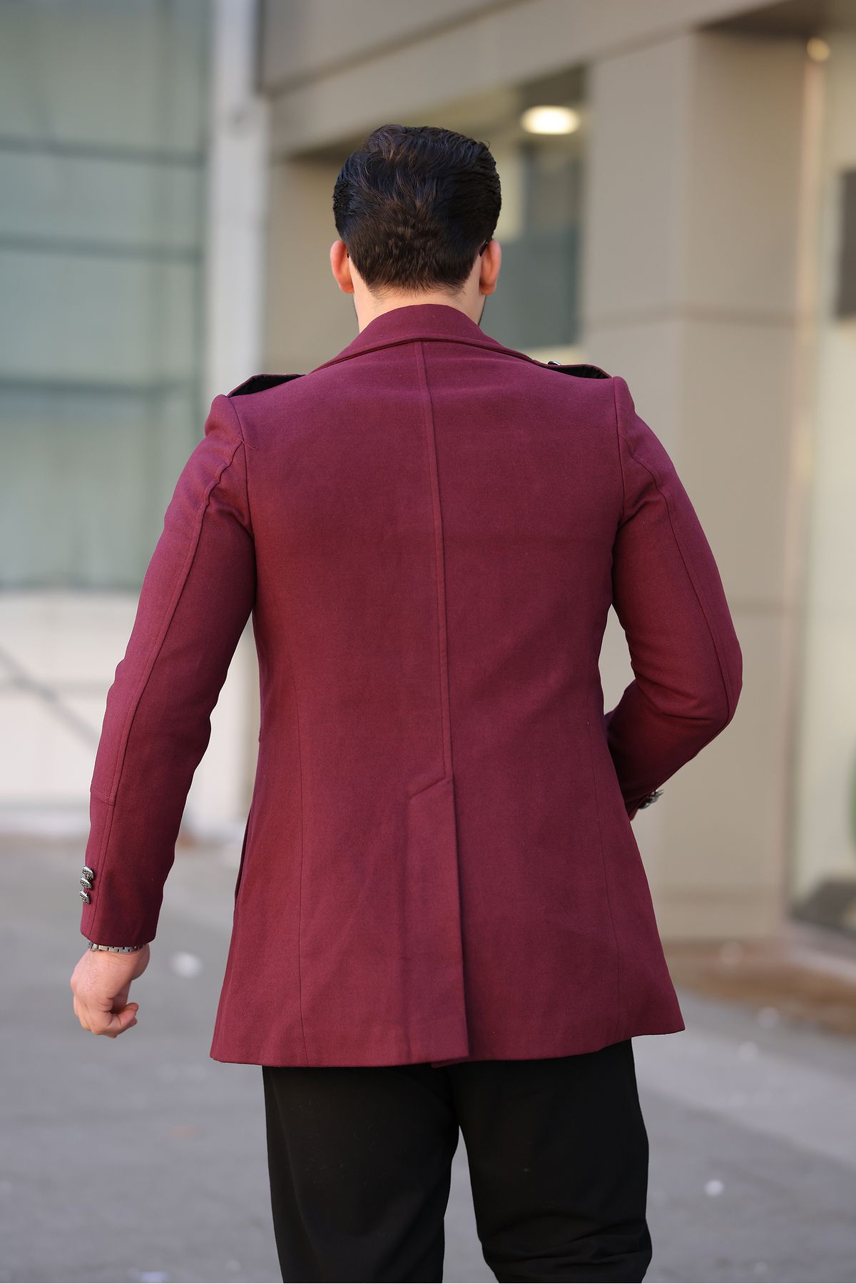 Mero Life-Men's New Season Button Detailed Slim Fit Double Breasted Lapel Burgundy Cashew Coat 4