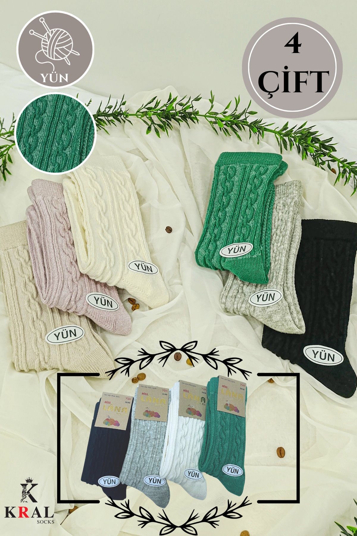 KRAL SOCKS Kadın Yün Çorap (4 Çift) Kışlık  Termal Etkili Soft Yünlü Doku