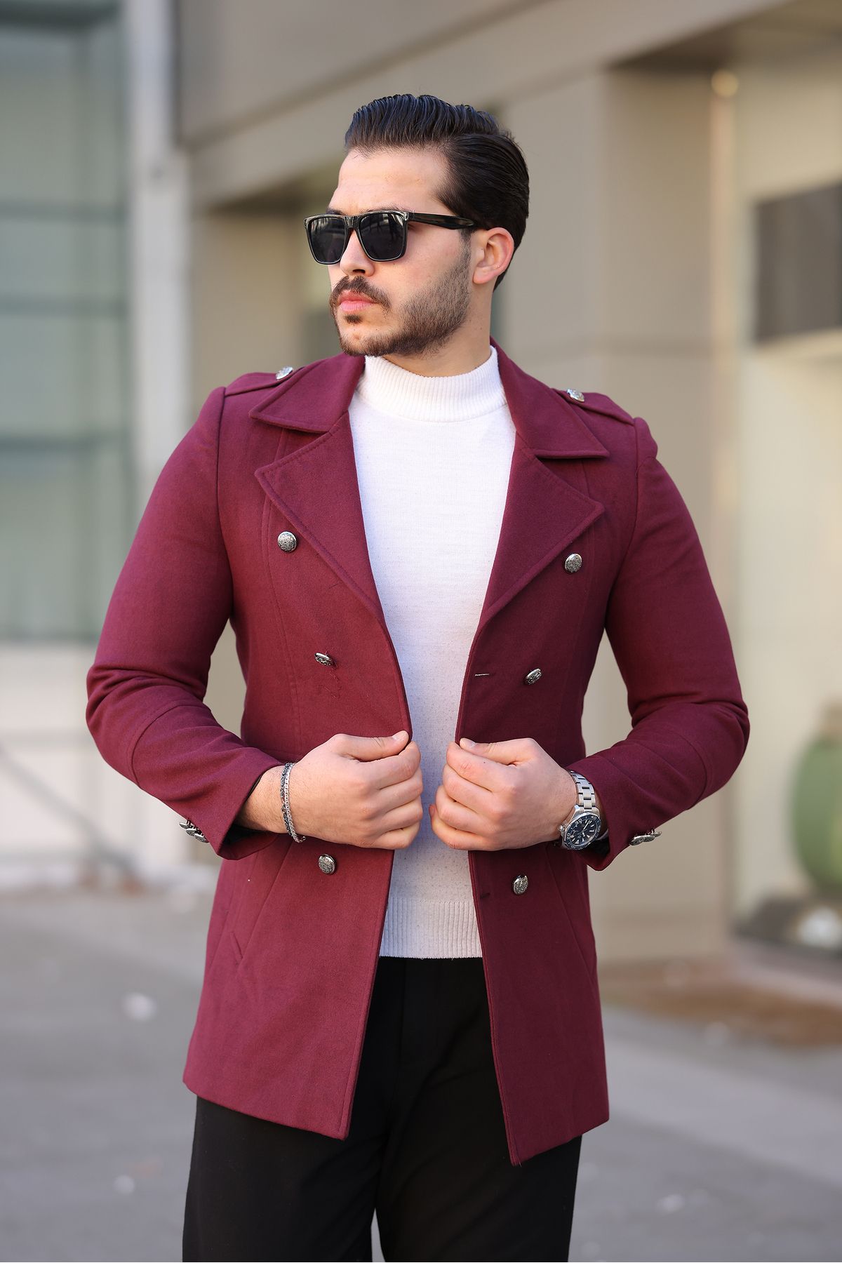 Mero Life-Men's New Season Button Detailed Slim Fit Double Breasted Lapel Burgundy Cashew Coat 3